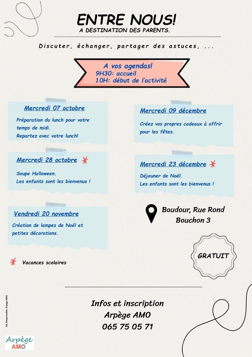 Prochains ateliers « Entre nous ! » à destination des parents